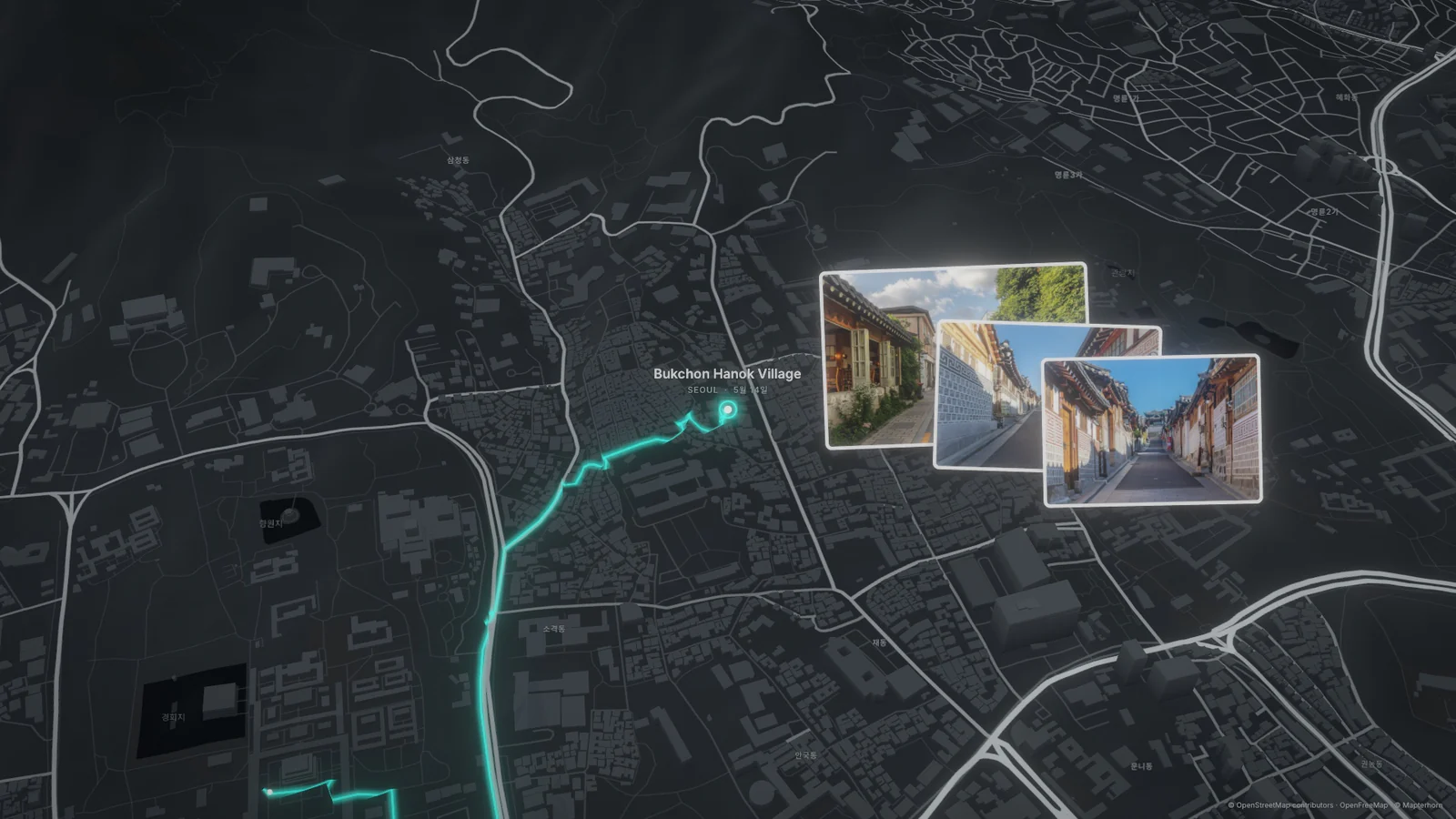 Film frame: the walk up to Bukchon Hanok Village, with three photo cards of hanok streets.