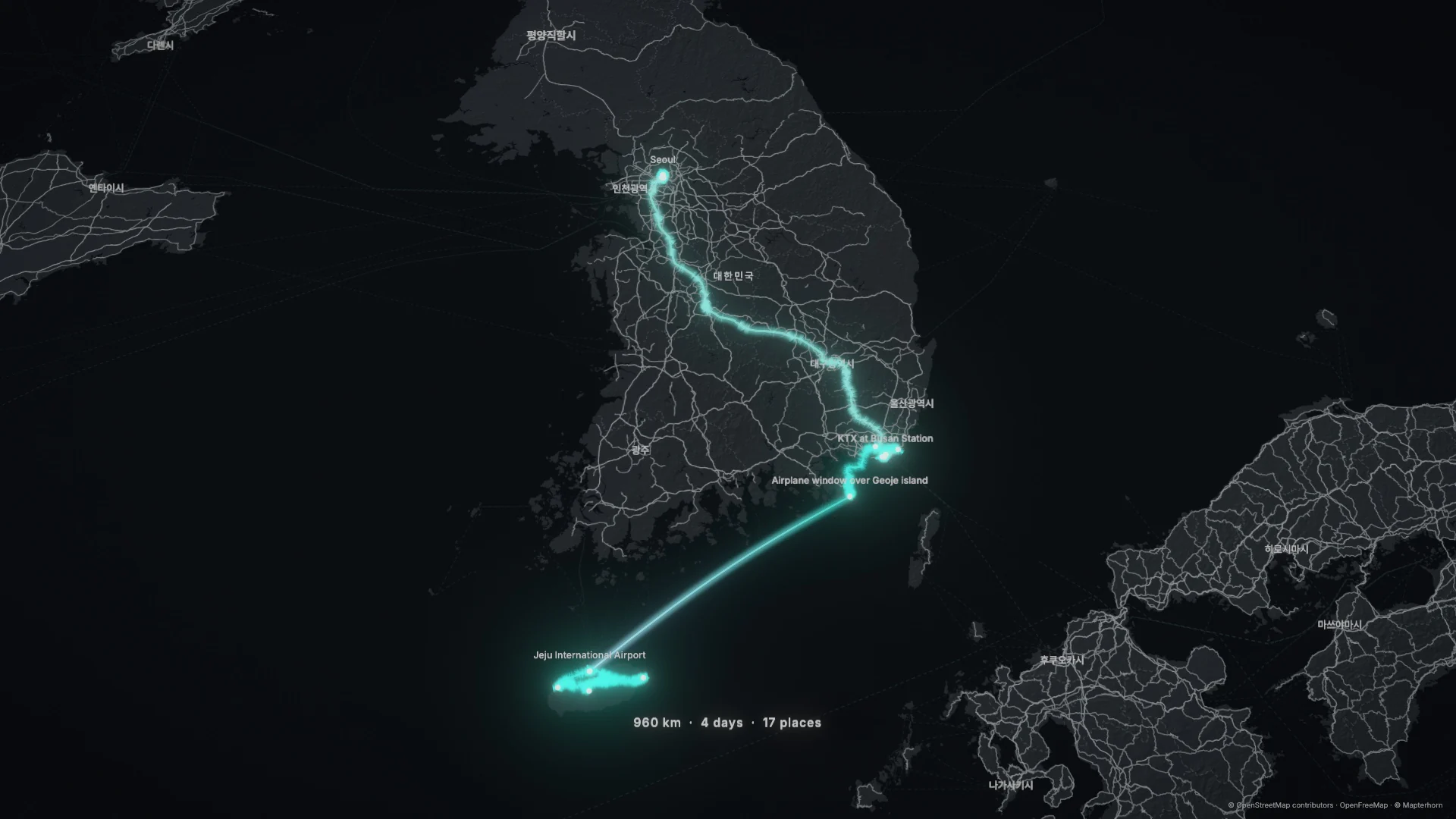 A TraceVoy film frame: a trip from Seoul by KTX to Busan and a flight to Jeju, glowing in teal over a dark map of Korea, with the totals 960 km, 4 days, 17 places.