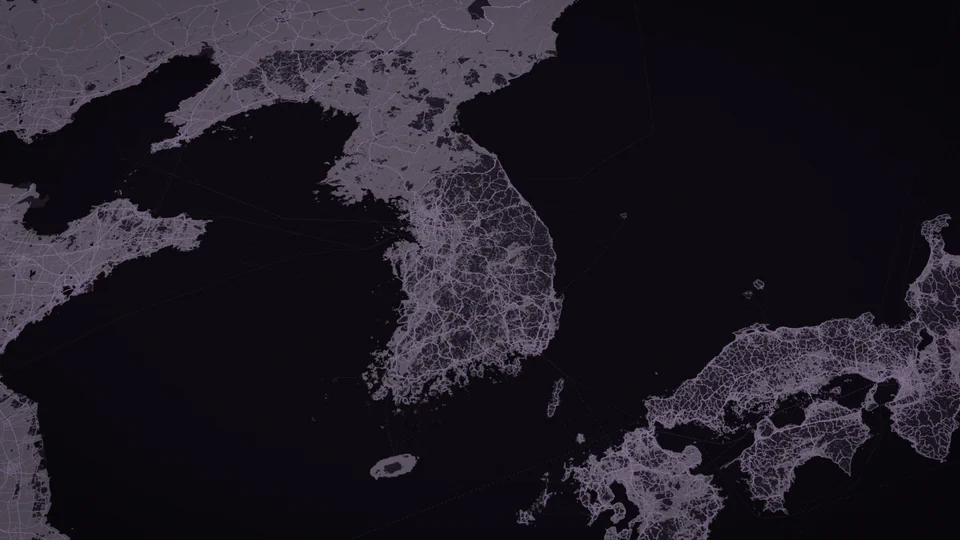 Map frame of Korea and western Japan in a dusk theme.