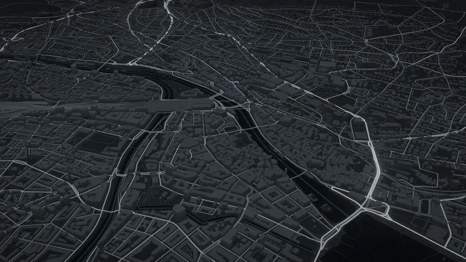 Map frame of Zürich with 3D buildings and bright streets on a dark grey map.