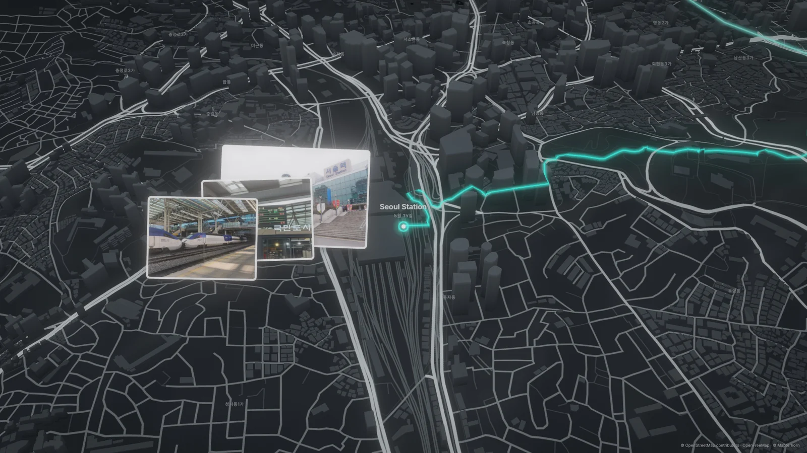 Film frame: Seoul Station among 3D buildings, with three photo cards beside it and the route arriving in teal.