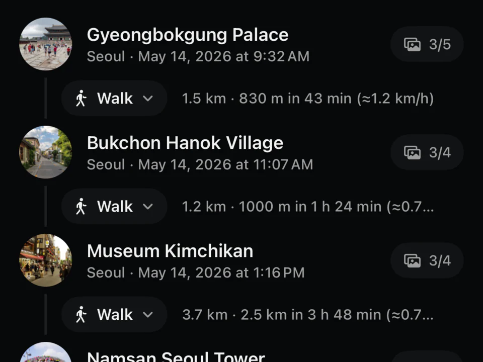 TraceVoy's Places list: Gyeongbokgung Palace, Bukchon Hanok Village and Museum Kimchikan, with a walk between each.